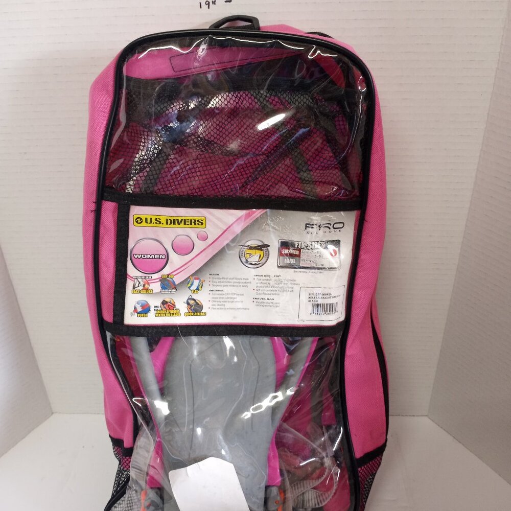 US Divers Pink Gray Swim Finns Set With Bag And Goggles Size S/M 4 1/2-8 1/2